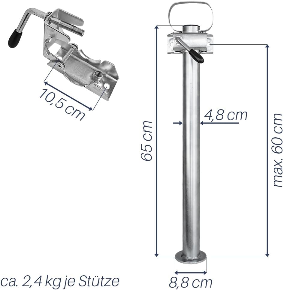 Trucky 2X Set Anhänger Stützen mit Klemmhalter Anhängerstützen 300 kg verzinkter Stahl 600 mm 60 cm