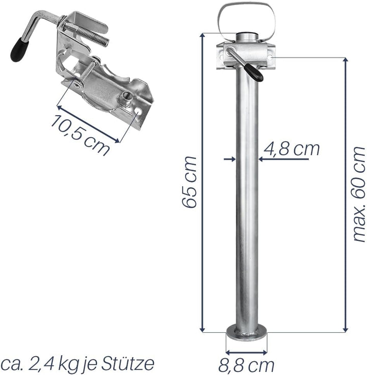 Trucky 2X Set Anhänger Stützen mit Klemmhalter Anhängerstützen 300 kg verzinkter Stahl 600 mm 60 cm