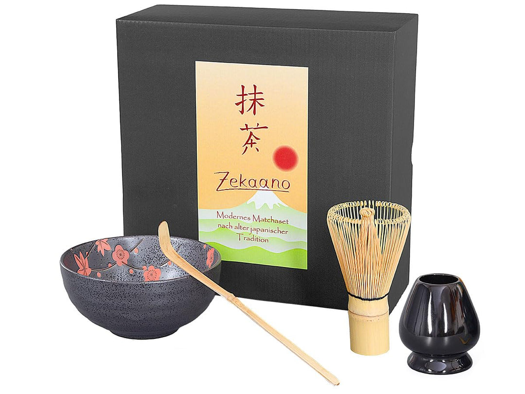 Matcha Starter Set 4-teilig, anthrazit/rot gesprenkelt, bestehend aus Matcha-Schale, Matcha-Löffel,