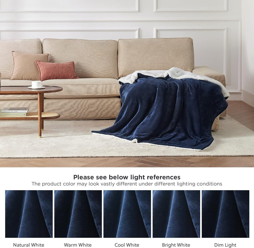 BEDSURE Decke Sofa Kuscheldecke Marine Blau - warm Sherpa Sofaüberwurf Decke, Dicke Sofadecke Couchd