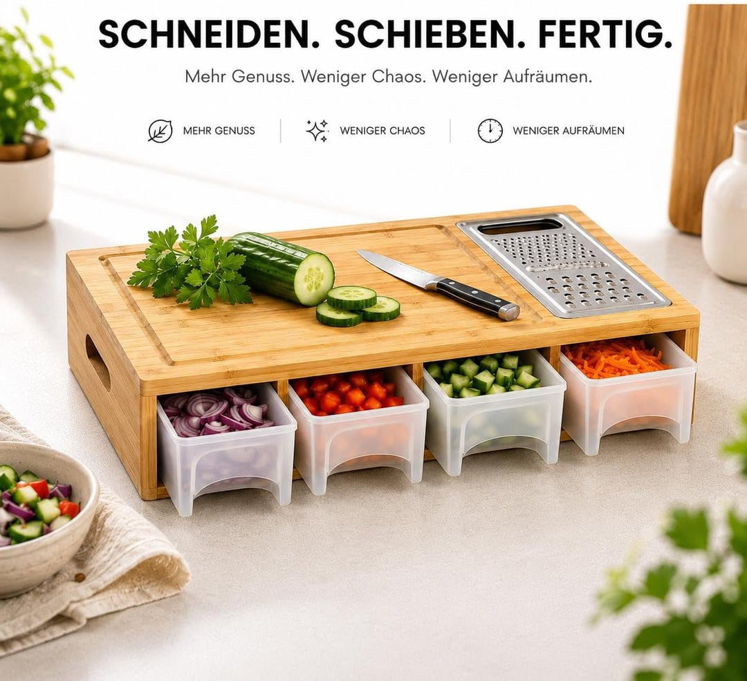 Bambus-Schneidebrett mit Auffangschale, 4 Behältern, Reibe &amp; Mandoline | Bambus Schneidebrett mit Au