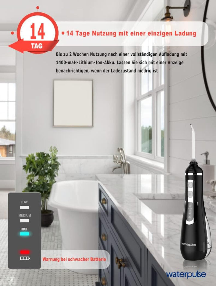 NPO Waterpulse Cordless Water Flosser, Battery Operated & Portable for Travel & Home, V500 (Black)