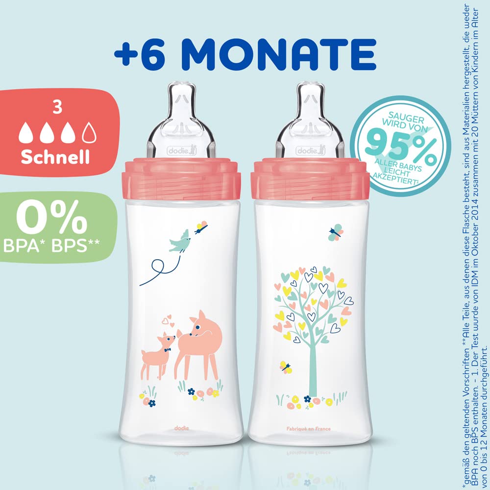 Dodie Babyflaschen, Antikolik Sensation+, für Mädchen, 330 ml, +6 Monate, flacher Sauger, Fluss 3, 3