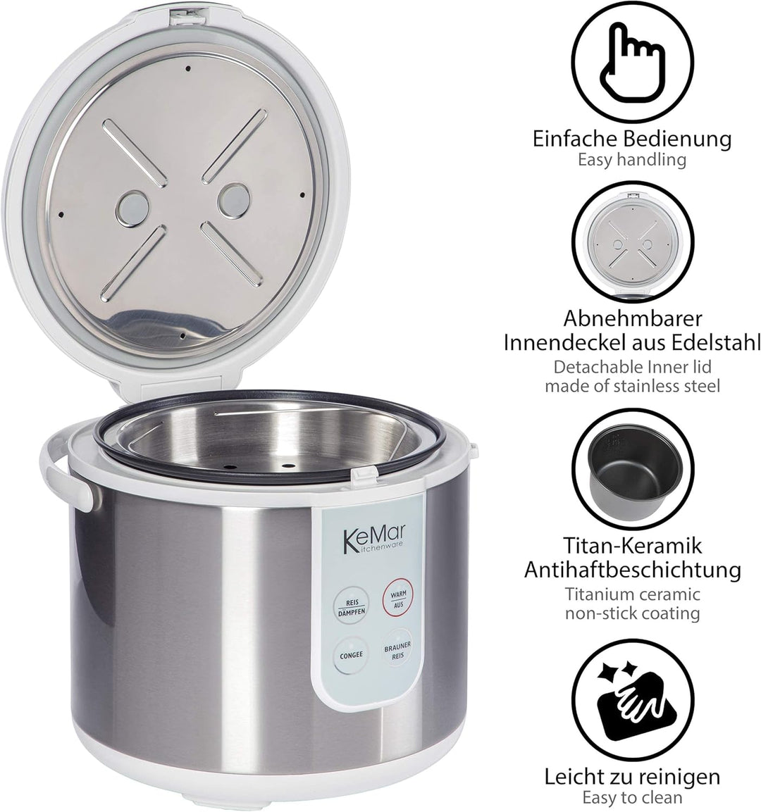 KeMar Reiskocher +GRATIS Essstäbchen (700W, 1,8l, Edelstahl) Brauner Reis, Naturreis - Keramik Besch