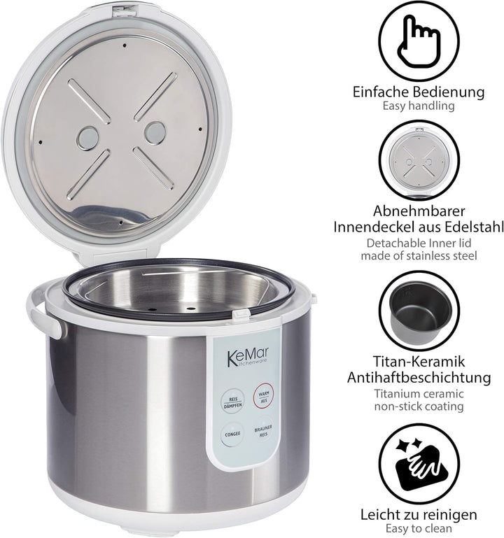 KeMar Reiskocher +GRATIS Essstäbchen (700W, 1,8l, Edelstahl) Brauner Reis, Naturreis - Keramik Besch