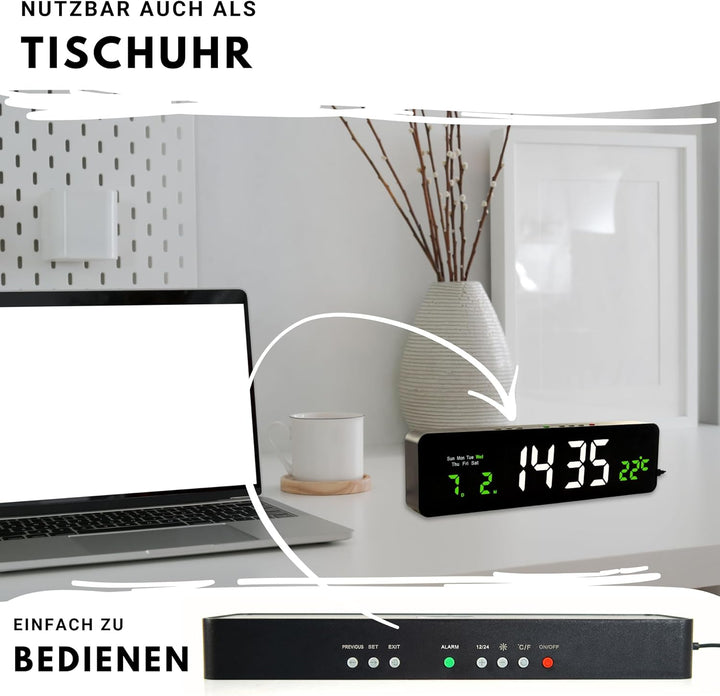 Wanduhr Digital, LED Tischuhr mit Temperaturanzeige, Wecker Snooze, 12/24-Stunden-Anzeige, LED-Uhr,