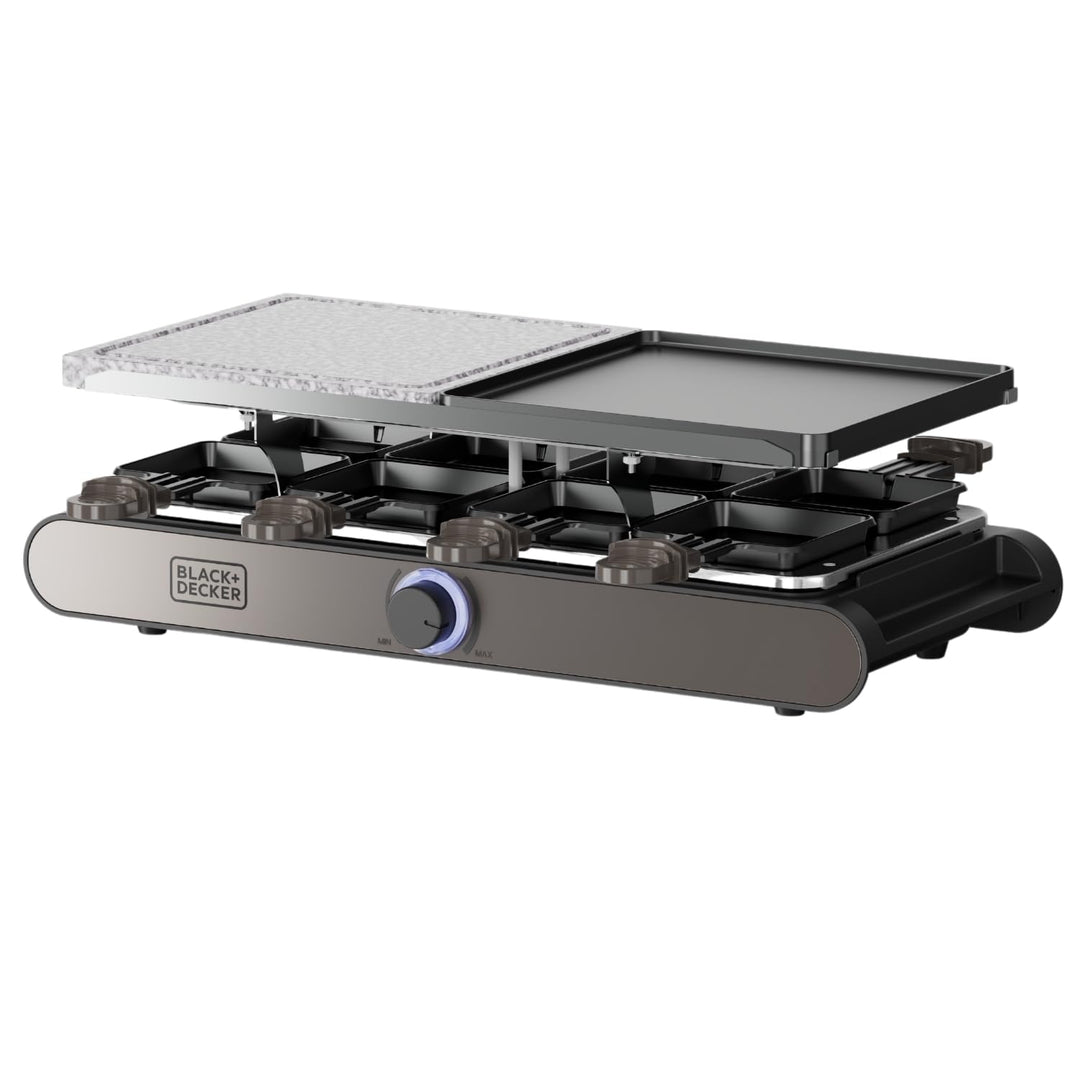 Black+Decker – Raclette| 8 Personen| Platten 21 x 21 cm| Regulierbare Temperatur| 1400 W| Umkehrbare