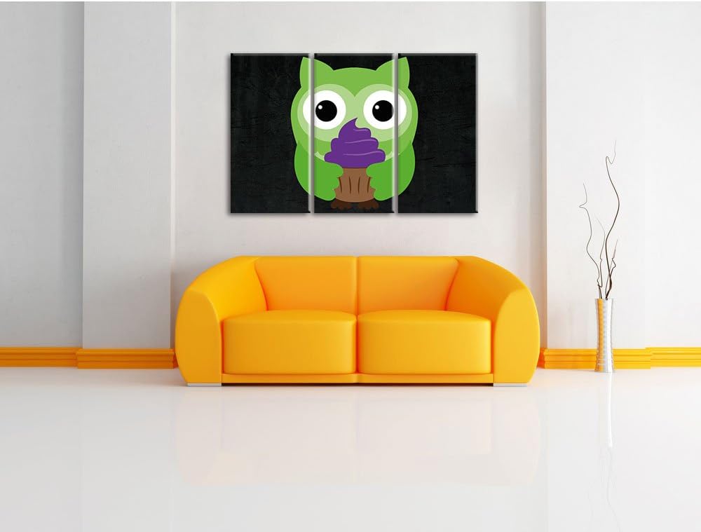 Pixxprint Eule mit Cupcake als Leinwandbild/Grösse: 3 Teilig (120x80) cm/Wandbild/Kunstdruck/fertig