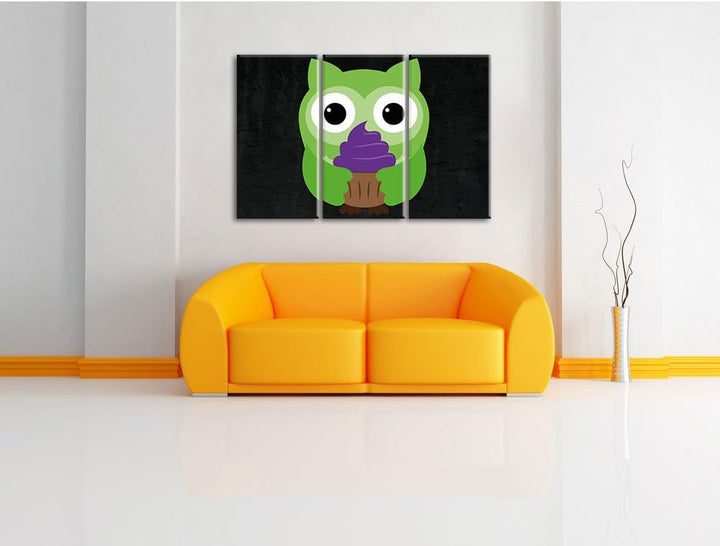 Pixxprint Eule mit Cupcake als Leinwandbild/Grösse: 3 Teilig (120x80) cm/Wandbild/Kunstdruck/fertig
