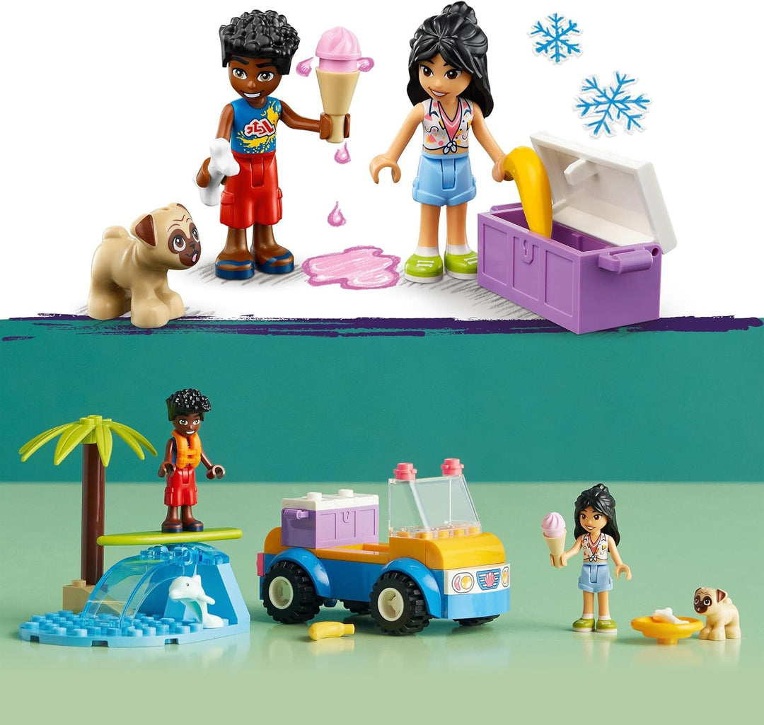 LEGO Friends Strandbuggy-Spass Set mit Spielzeug-Auto, Surfbrett, Mini-Puppen sowie Delfin- und Hund