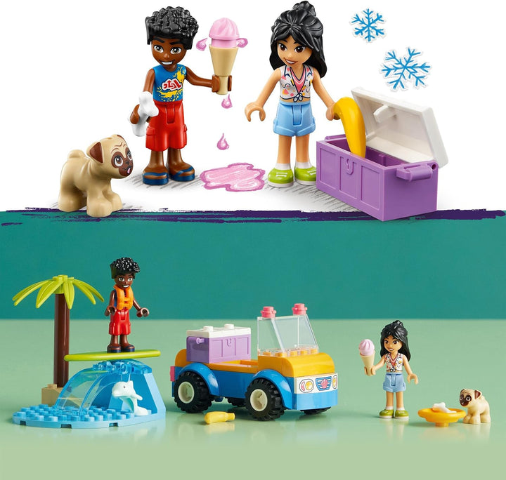 LEGO Friends Strandbuggy-Spass Set mit Spielzeug-Auto, Surfbrett, Mini-Puppen sowie Delfin- und Hund