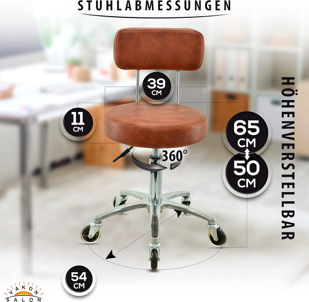 Premium Rollhocker mit Lehne in Hellbraun - Höhenverstellbar von 50 bis 65 cm - Rundsitz - Drehhocke