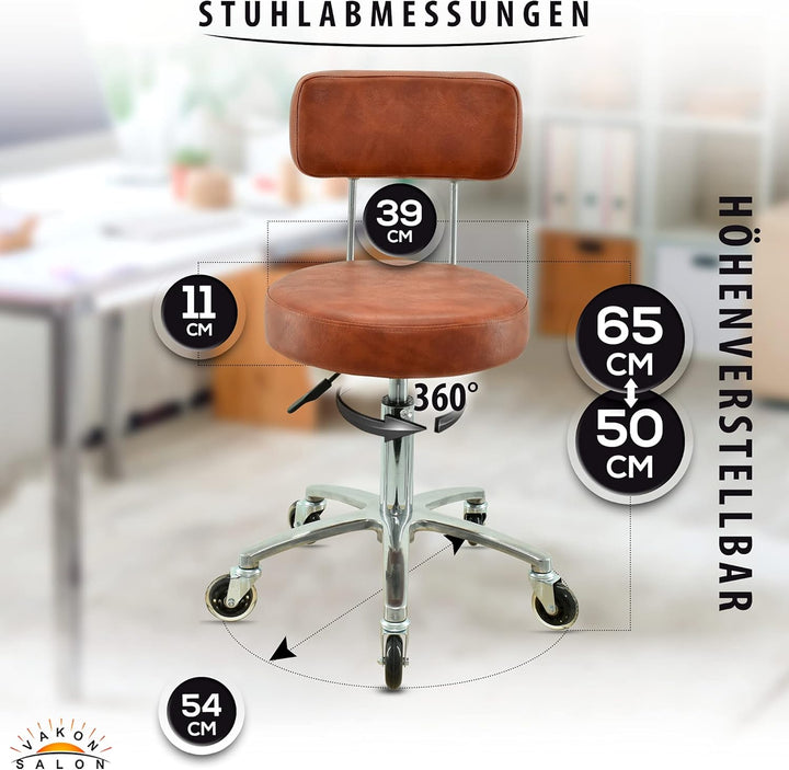 Premium Rollhocker mit Lehne in Hellbraun - Höhenverstellbar von 50 bis 65 cm - Rundsitz - Drehhocke