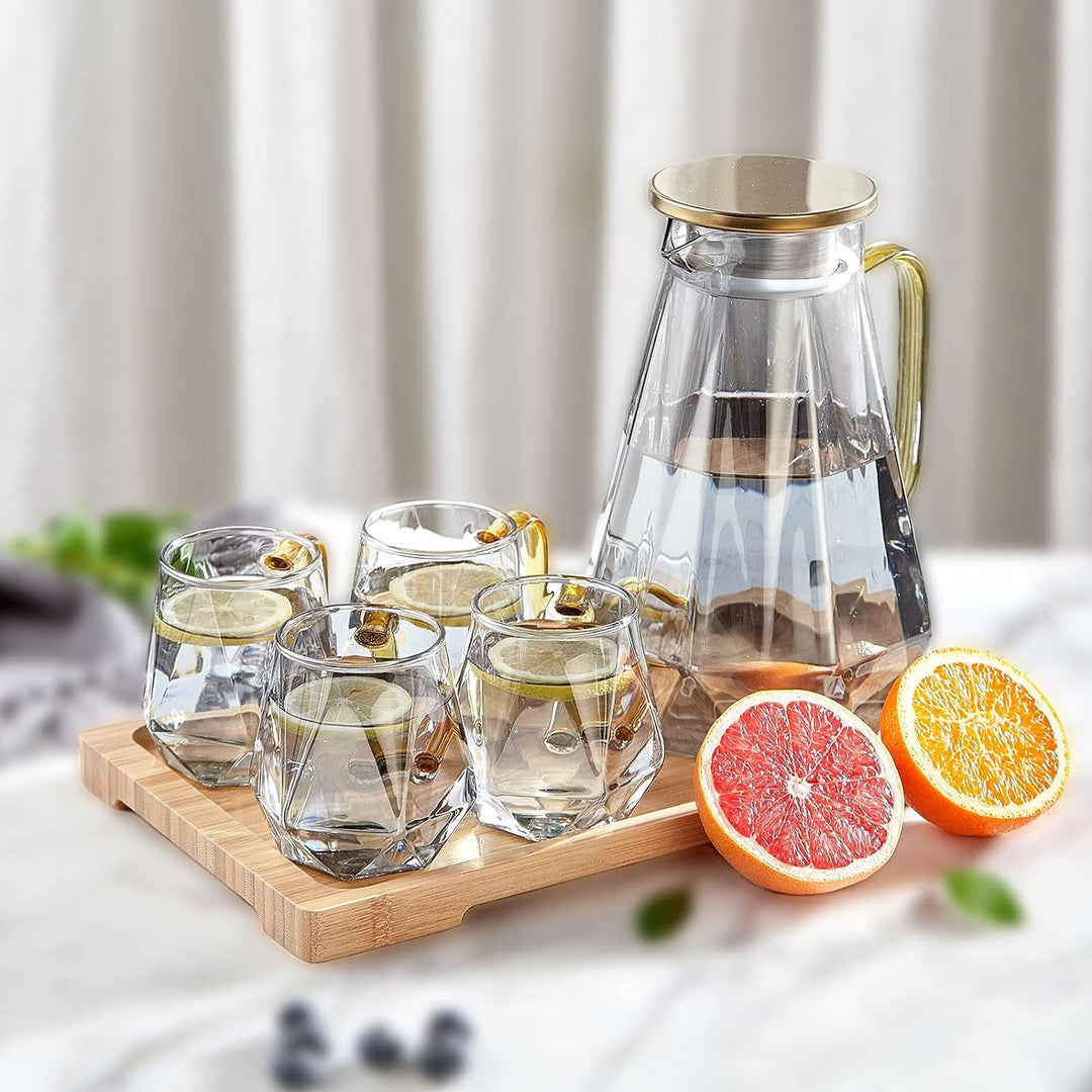 DUJUST Glaskaraffe mit Deckel 2 Liter, mit 4 Tassen, 1 Tablett, Wasserkrug im Modernen Schwarz Diama