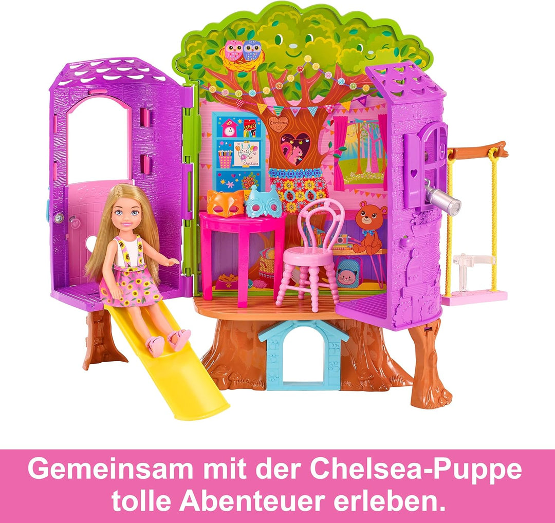 Barbie - Chelsea-Puppe und Baumhaus-Spielset mit Hündchen mit Möbeln, Rutsche und mehr als 10 Zubehö