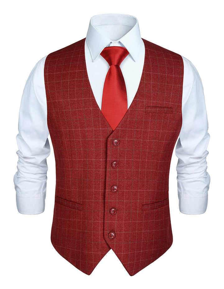 HISDERN Manner Formale Hochzeitsfeier Weste Baumwolle Plaid Kleid Anzug Weste für Herren Burgund XS,