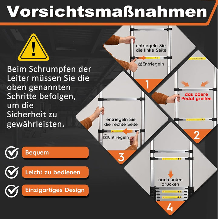 6,3mTeleskopleiter mit Haken, HBTower Leichte Ausziehleiter, Leiter Ausziehbar, klappbare Leiter für