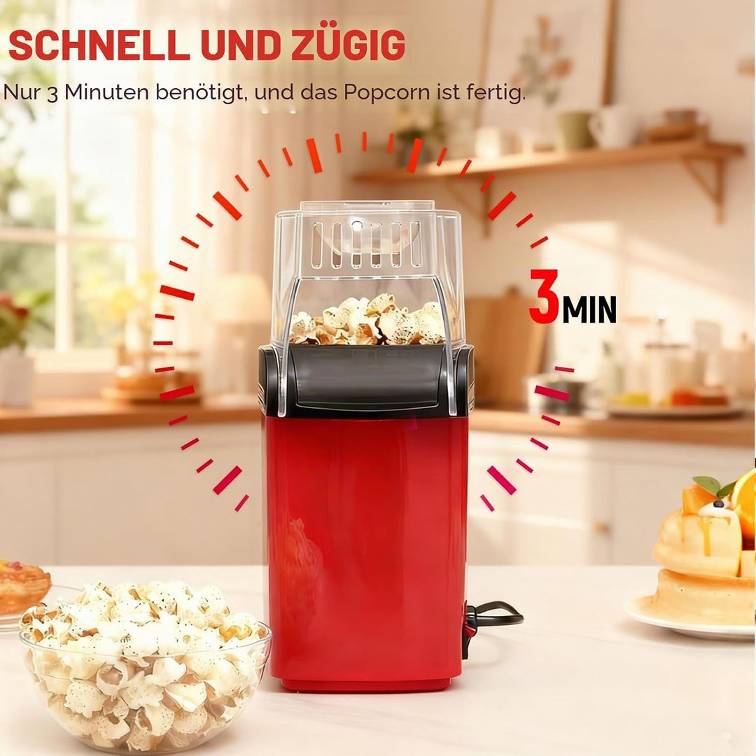 Heissluft Popcornmaschine, 1200W Heissluft Popcorn Maker mit Messlöffel, Transparenten Deckel, Nachf