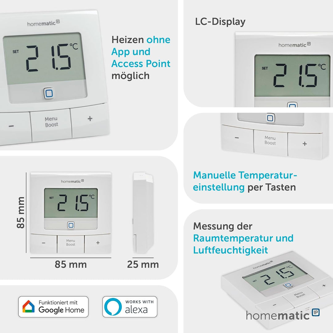 Homematic IP Smart Home Wandthermostat – Basic, digitales Thermostat für Heizkörper per App, Alexa,