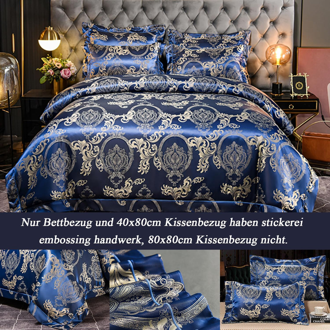 Tospass Bettwäsche 220x240 3Teilig Blau Dunkelblau Jacquard Satin Stickerei Prozess Blumen Bettwäsch
