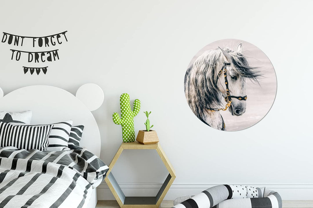 MuchoWow Wandbild Rund Wanddeko Deko Wohnzimmer Bilder 60x60 cm Pferd - Weiss - Gold, 60x60 cm