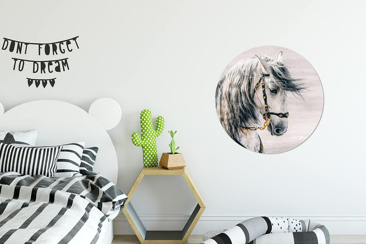 MuchoWow Wandbild Rund Wanddeko Deko Wohnzimmer Bilder 60x60 cm Pferd - Weiss - Gold, 60x60 cm
