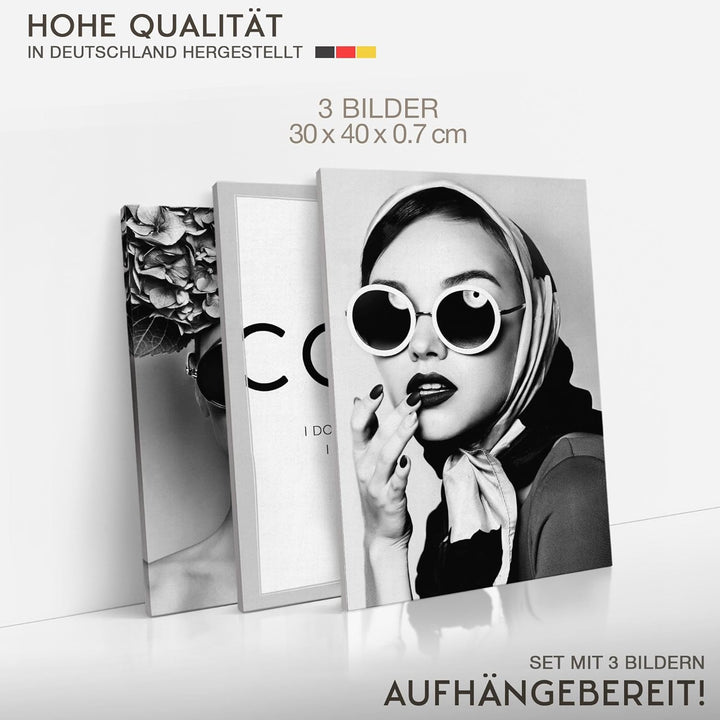 Novart Wandbilder Set Coco Fashion - KOMPLETT AUFHÄNGFERTIG - Wohnzimmer Mädchen Teenager Deko - 3 M
