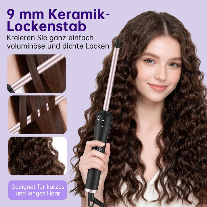 Lockenstab Set, 30s Schnellaufheizung, 13 Temperaturstufen 100-230°C (9 mm) | 360° drehbares Anti-Ta
