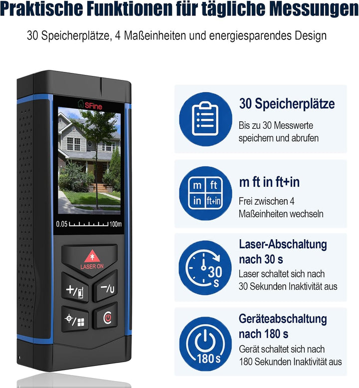 100m Laser Entfernungsmesser mit 6-Fach Kamera, ±2mm Genauigkeit, Elektronische Wasserwaage, Echtzei