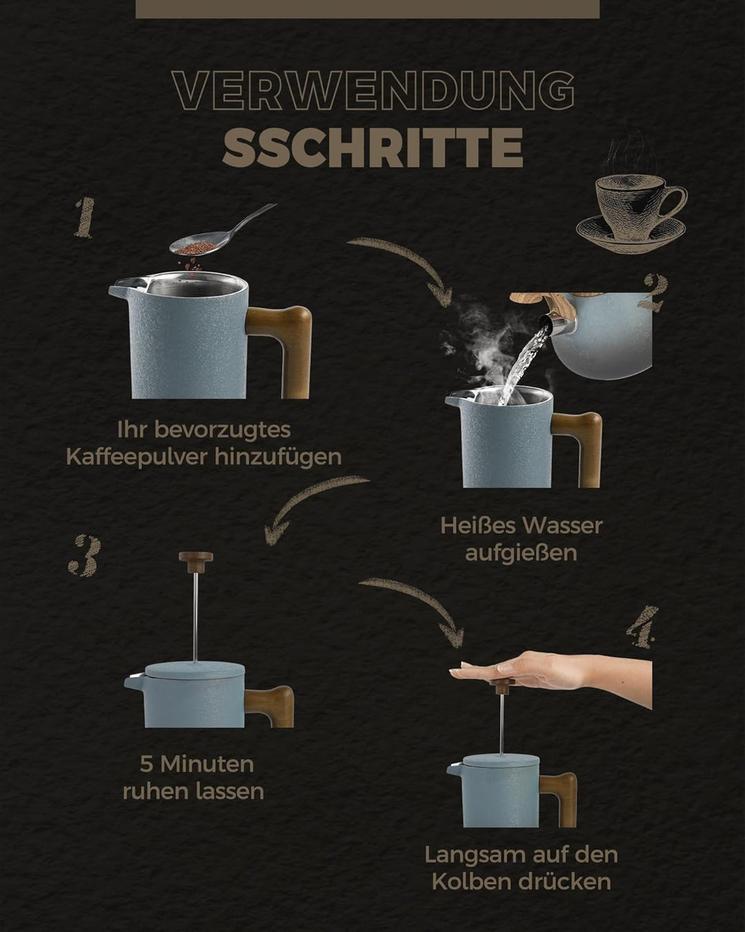 Poliviar French Press Kaffeebereiter 1 Liter/8 Tassen- Doppelwandige Isolierte Kaffeekanne und Teebe
