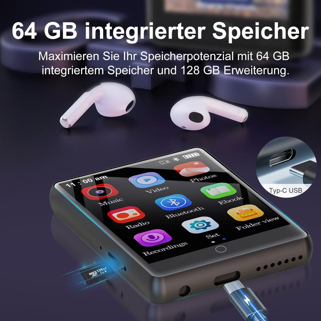 64GB MP3-Player Bluetooth 5.1, 2,8-Zoll-Touchscreen-Musikplayer, Tragbarer MP3 Player mit HD-Lautspr