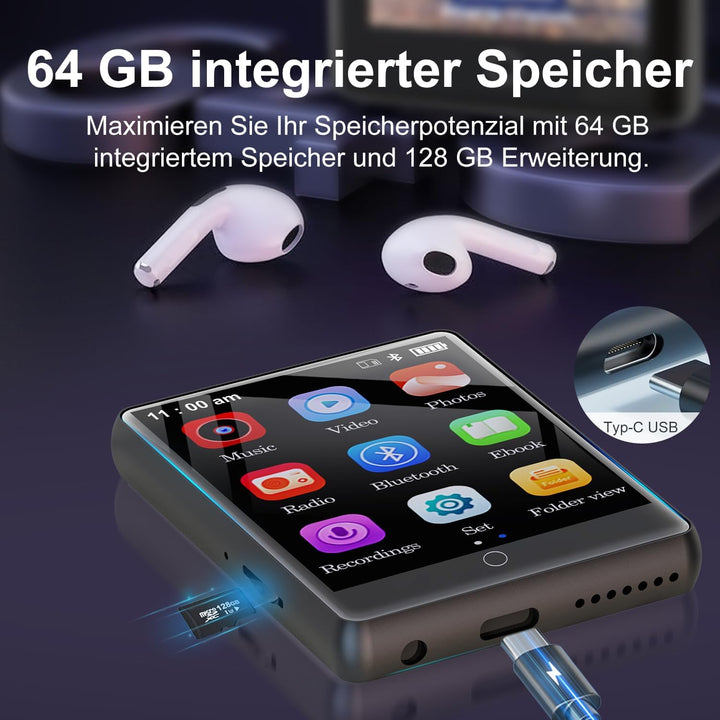 64GB MP3-Player Bluetooth 5.1, 2,8-Zoll-Touchscreen-Musikplayer, Tragbarer MP3 Player mit HD-Lautspr