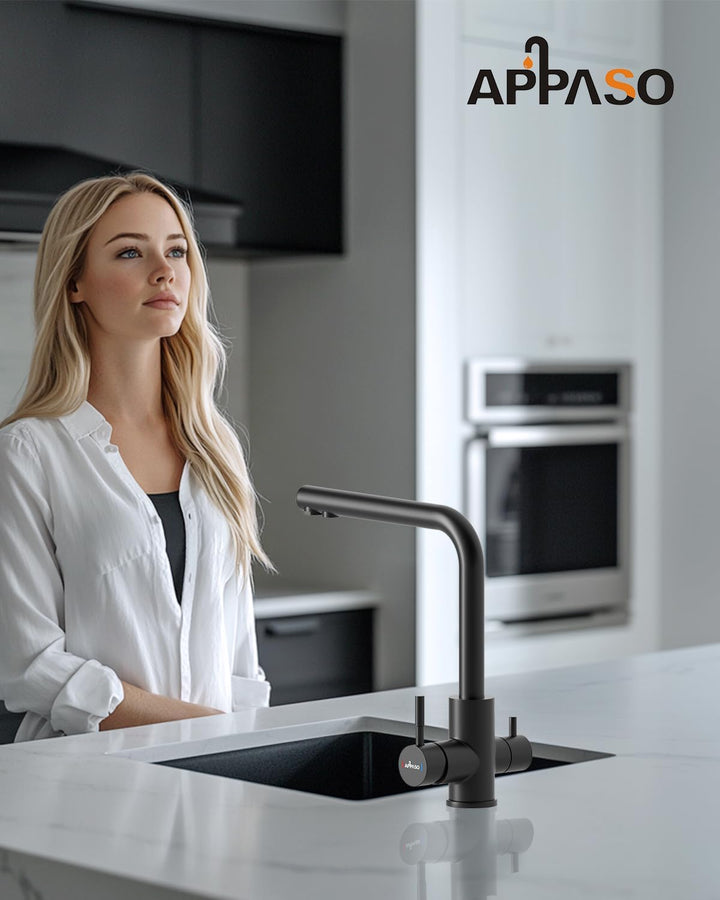 APPASO 3 Wege Wasserhahn Schwarz, Küchenarmatur 3 wege 360° Drehbar, 3 in 1 Mischbatterie Küche für