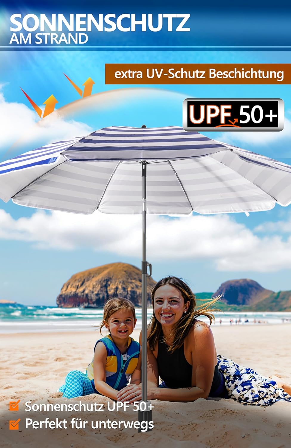 4smile Sonnenschirm Strand SunnyJoy Ø 180 cm, 3er Set - Strandschirm mit UV Schutz 50+, inkl. Sonnen