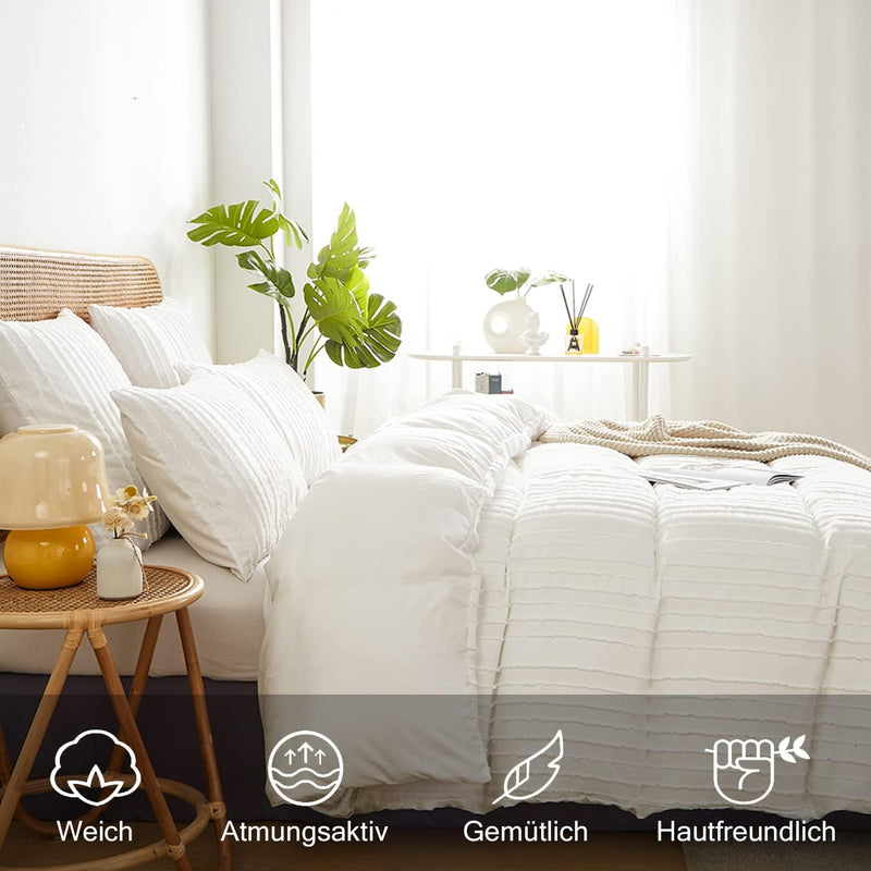 AShanlan Boho Bettwäsche 200x200 Weiss Getuftet Stickerei Gestreift Bohemian Style Bettbezug Super W