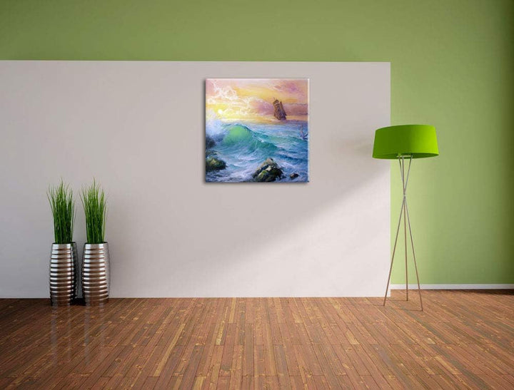 Sturm überm Meer Kunst, Format: 70x70 auf Leinwand, XXL riesige Bilder fertig gerahmt mit Keilrahmen