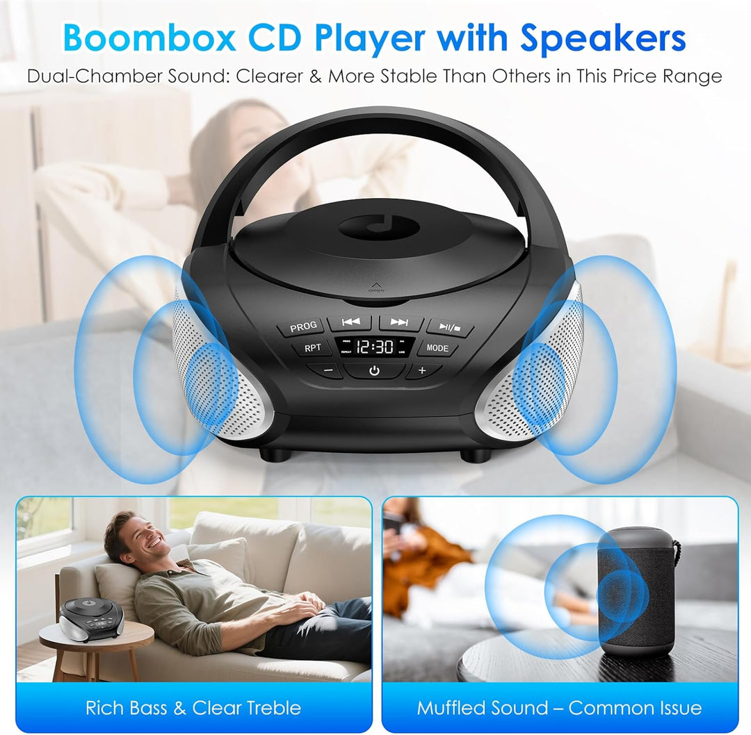 Gueray Tragbarer CD-Player Boombox Kompakt-Radio mit Stereo-Lautsprechern UKW-Radio 3,5-mm-AUX-Einga