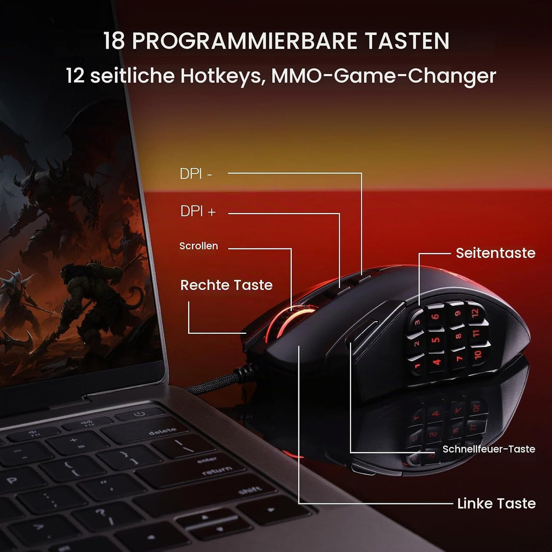 Redragon M921 MMO Gaming-Maus, 12400 DPI hochpräzise kabelgebundene RGB-Maus mit 18 programmierbaren