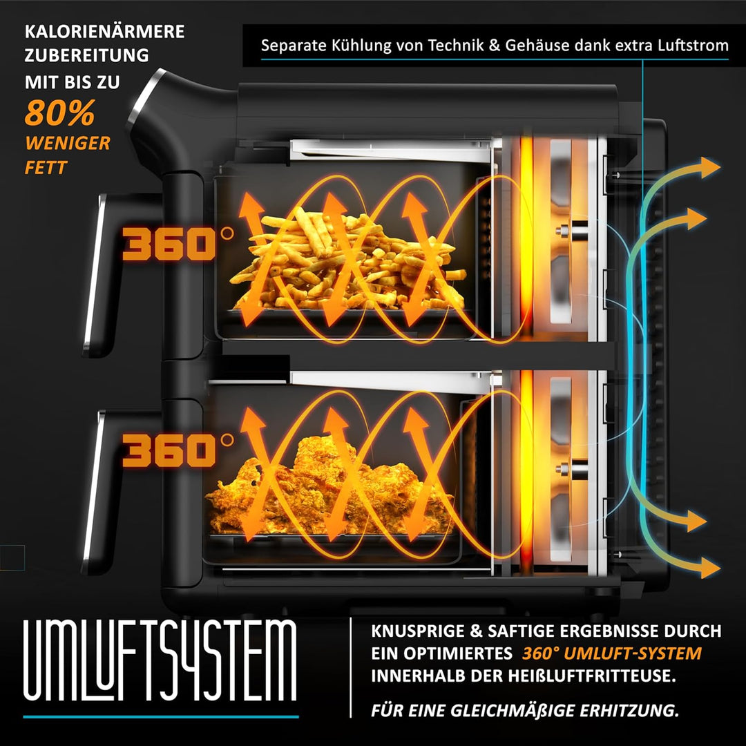 Arendo - Heissluftfritteuse XXL Dual Zone 2 Kammern – 11 L Kapazität – 2 Zonen – Airfryer Doppelkamm