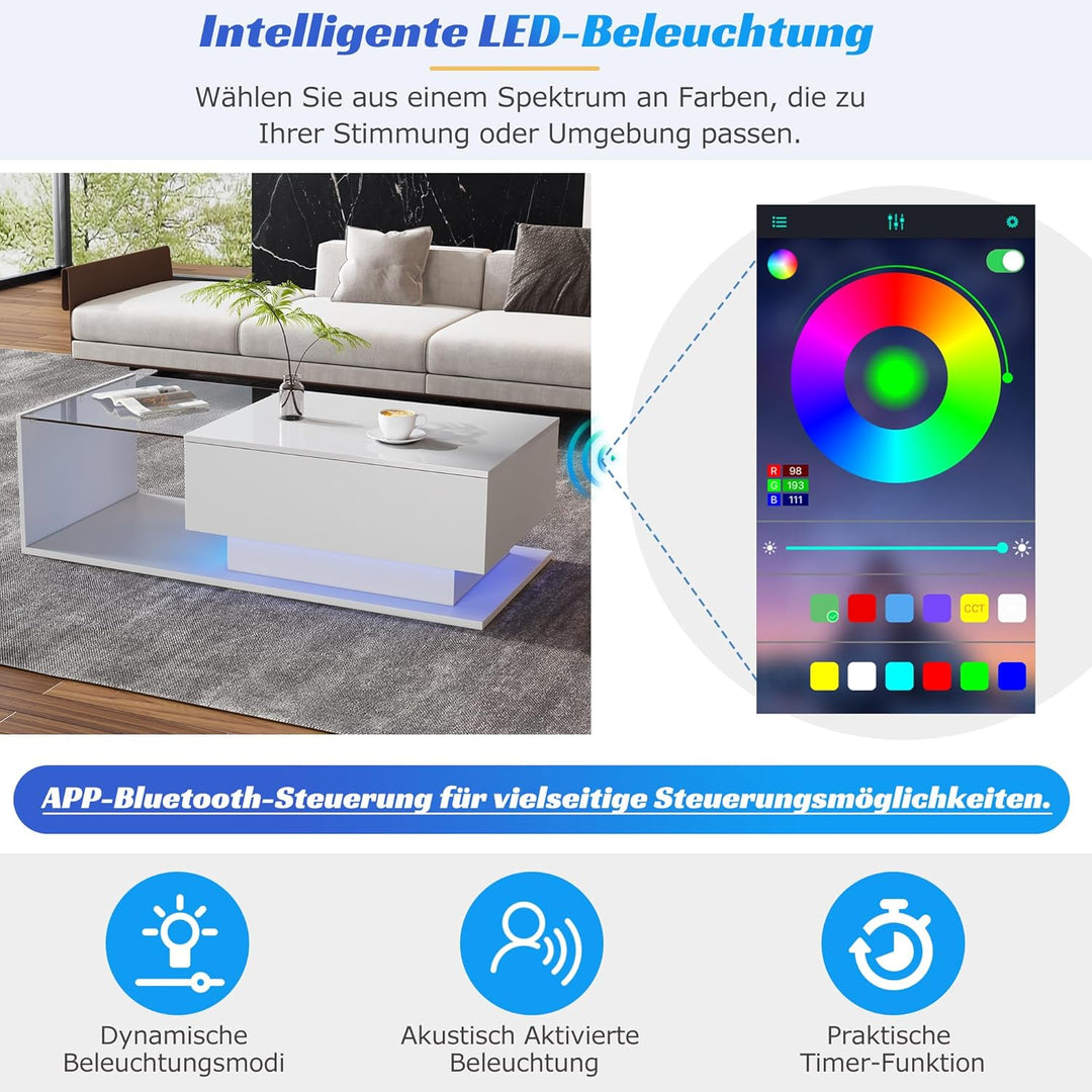 Merax Couchtisch Weiss Hochglanz mit LED, Moderner Wohnzimmertisch mit Stauraum Schubladen, Glasplat