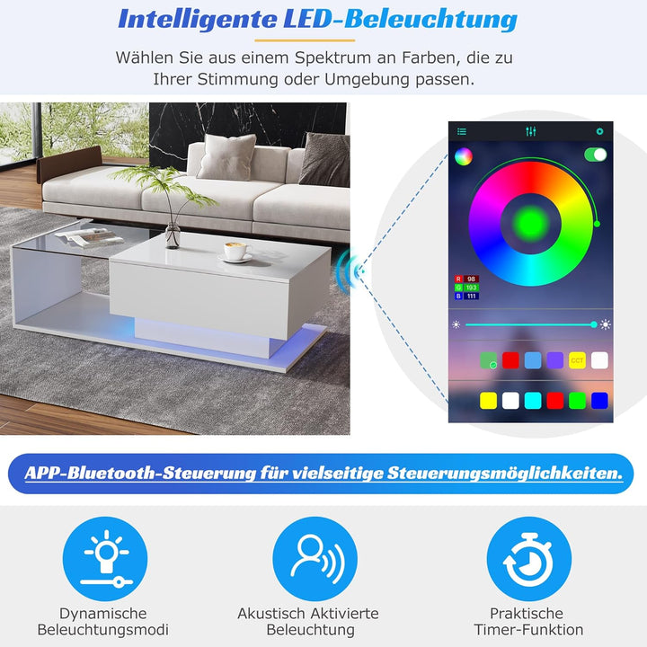 Merax Couchtisch Weiss Hochglanz mit LED, Moderner Wohnzimmertisch mit Stauraum Schubladen, Glasplat