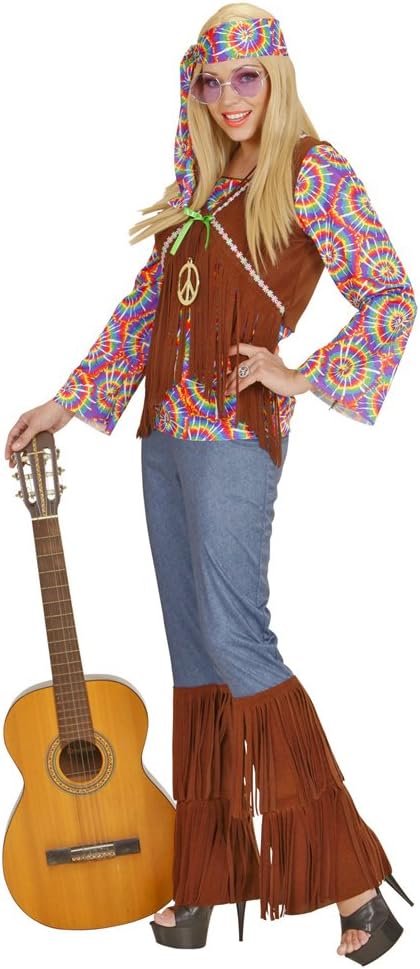 "PSYCHEDELIC HIPPIE WOMAN" (shirt with vest, pants, headband, necklace) - (S), S