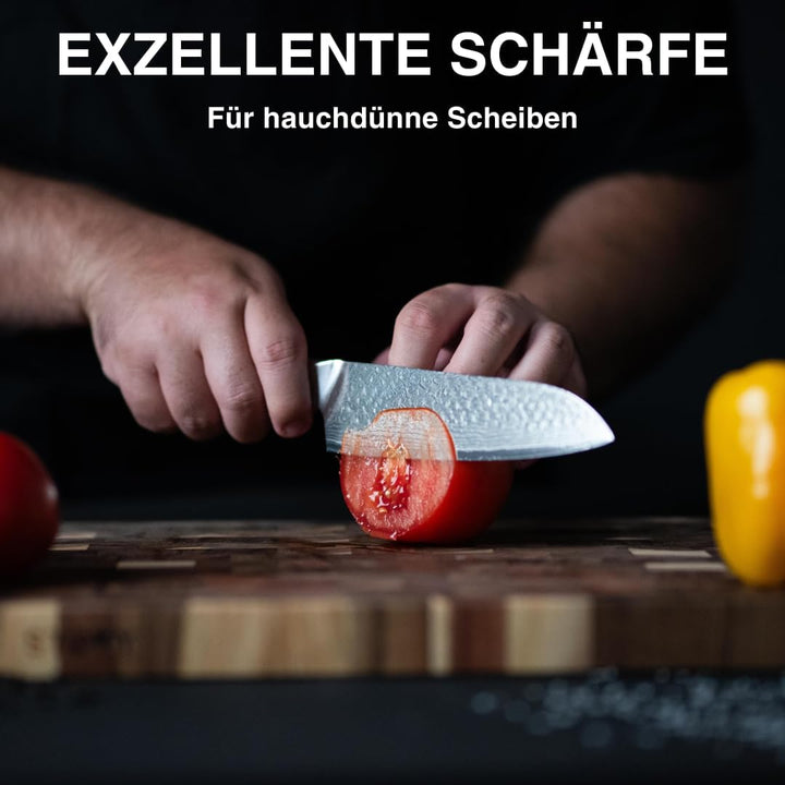 Santoku Damastmesser 18cm,Profi Kochmesser aus 67 Lagen VG10 Stahl | Handgeschmiedete Klinge, Echte