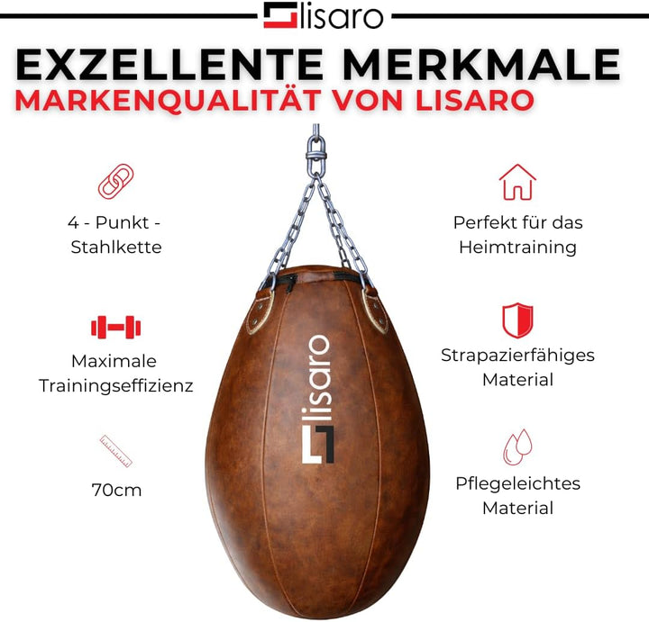 Lisaro Profi Maisbirne 70 cm – Boxbirne Punchingball hängend – 17 kg gefüllt – Premium Kunstleder Pu