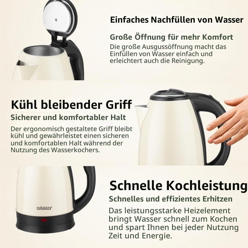 Hagen, Kompakter elektrischer Wasserkocher aus Edelstahl, Elegantes Design, 360° Basis, Kapazität 1,