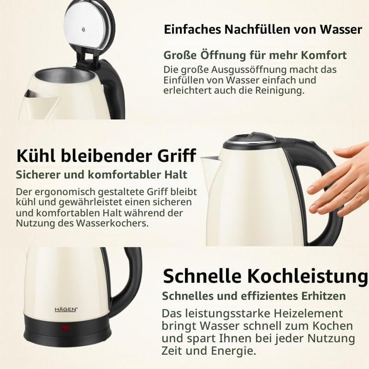 Hagen, Kompakter elektrischer Wasserkocher aus Edelstahl, Elegantes Design, 360° Basis, Kapazität 1,
