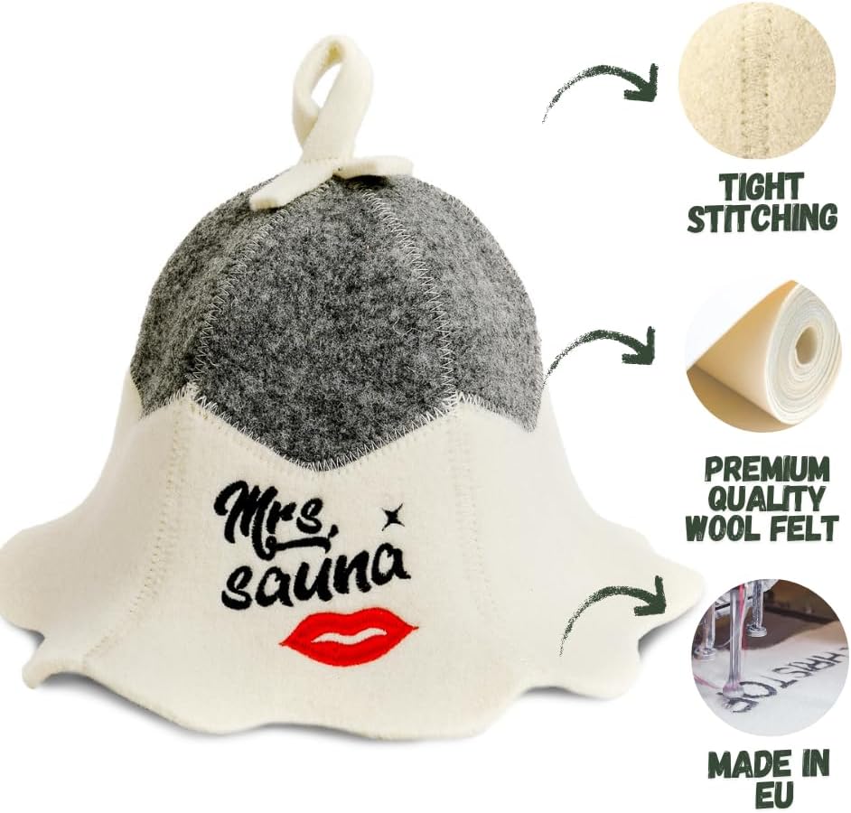 Sauna Guru Saunahut 'Mrs Sauna' White - 100% organische Wollfilzmützen - Schützen Sie Ihren Kopf vor