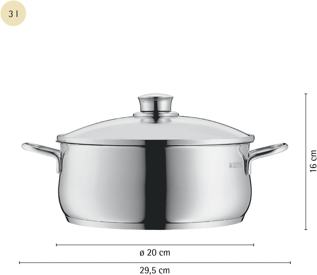WMF Diadem Plus Kochtopf gross 20cm, Glasdeckel, Bratentopf Induktion 3l, Cromargan Edelstahl polier