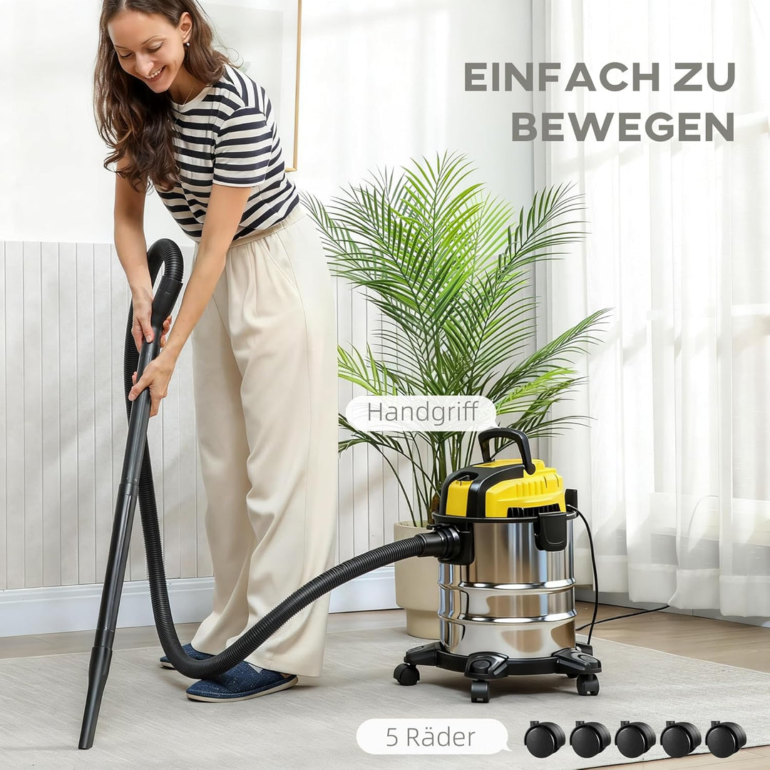 HOMCOM 3-in-1 Nass-Trockensauger 1200 W Staubsauger mit 20L Edelstahlbehälter Ø32mm Schlauchsystem B