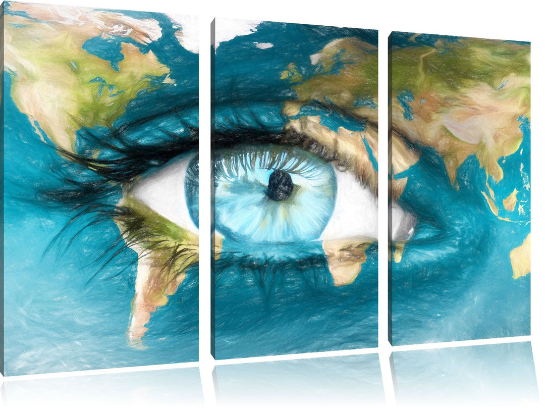 Pixxprint Die Erde gezeichnet auf EIN Gesicht Bunstift Effekt 3-Teiler Leinwandbild 120x80 Bild auf